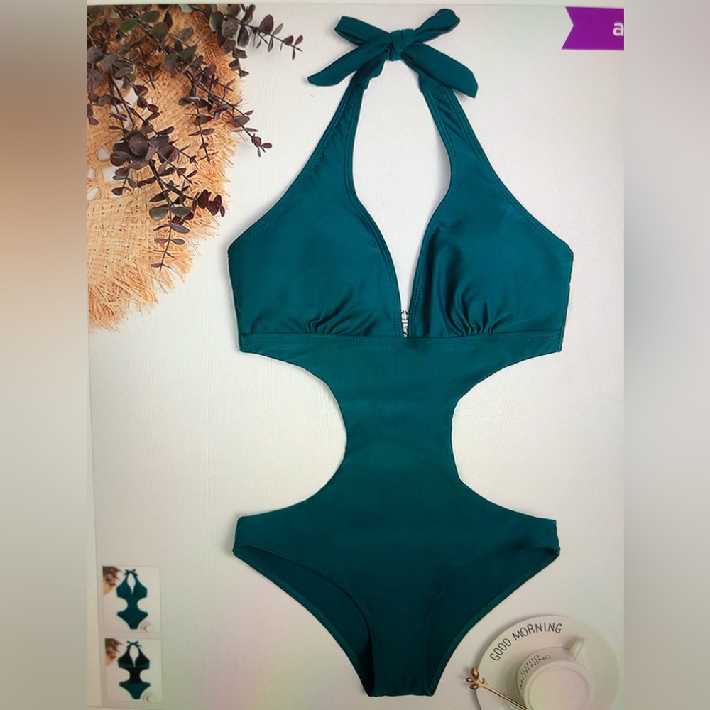 Deep GREEN Halter with Plunging V-Neck MONOKINI (New!)
